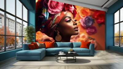 Black woman in African turban, flower background,  floral aesthetic. Natural cosmetics female model in traditional head wrap. Fashion and beauty stylish illustration made with Generative AI Wall mural