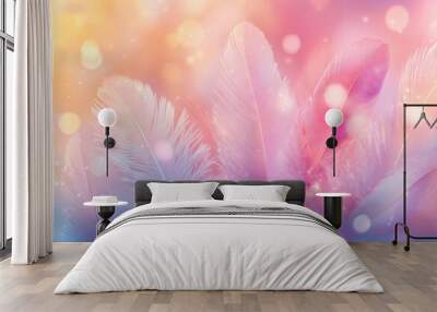 Colorful pastel feathers background, soft and dreamy pastels in a close-up, blurred bokeh effect. Wall mural