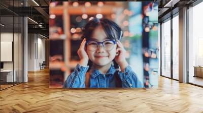 Cute asian girl in eyeglasses shop wearing glasses Wall mural