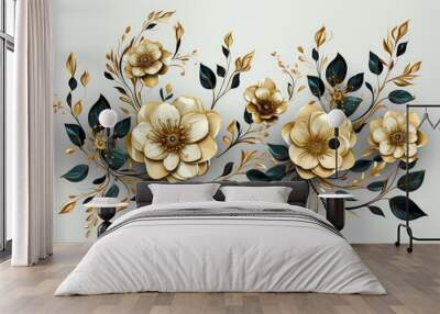 Gold flowers isolated on beige background. Design elements for wedding invitations, postcards, decorations. Made with Generative AI Wall mural