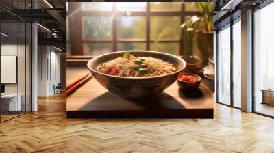 Japanese food, Soba,tasty, fresh, juicy. Cinematic magical light, beautiful bokeh. Traditional japanese background. Realistic food illustration made with Generative AI Wall mural