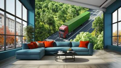 Large Red Truck Transporting Green Container On Tree-Lined Highway During Daytime Wall mural