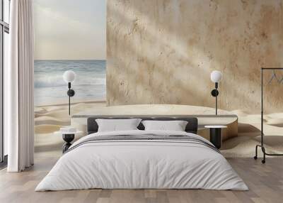 serene coastal setting with minimalist architecture and sandy beach at golden hour Wall mural