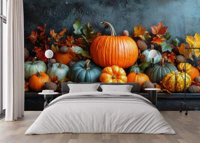 A beautifully arranged display of pumpkins in various autumn colors on a dark wooden surface, ideal for Halloween-themed decorations and festive invitations with copy space. Wall mural