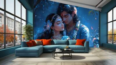 A beautifully illustrated scene of a couple celebrating Janmashtami, ideal for festive designs and greeting cards with copy space. Wall mural