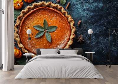 A beautifully styled pumpkin pie with autumn leaves and mini pumpkins, perfect for Thanksgiving and Halloween celebrations, with copy space. Wall mural