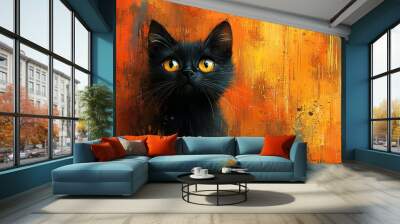 A cute black cat illustration with a vibrant orange background, perfect for Halloween events and decorations, with copy space. Wall mural