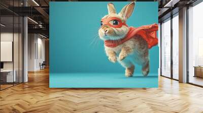 A cute superhero rabbit in a red cloak and mask, playfully jumping against a blue background, ideal for Halloween promotions and fun pet themes, with copy space. Wall mural