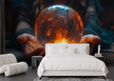 A fortune teller holds a glowing crystal ball, embodying the mysticism of Halloween. Perfect for occult-themed events, decor, and Halloween promotions with copy space. Wall mural