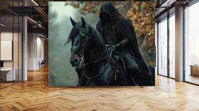 A mysterious black rider on a black horse amid autumn scenery, ideal for Halloween themed projects and promotions, with copy space. Wall mural