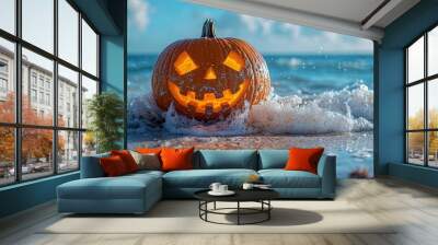 A spooky beach Halloween scene featuring a glowing jack-o'-lantern amidst ocean waves, perfect for seasonal promotions with copy space. Wall mural