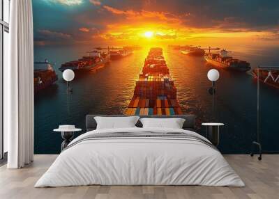 A stunning sunset view of a busy port with containers and ships, ideal for maritime and logistics business presentations or reports. Wall mural