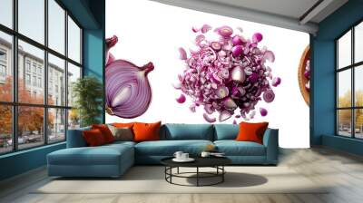 Red onion in various stages of preparation: whole bulbs, finely chopped pieces, and diced chunks in a wooden bowl. Wall mural