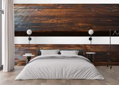 Two empty wooden tables with a dark, burnt finish and a rustic, textured surface. Wall mural