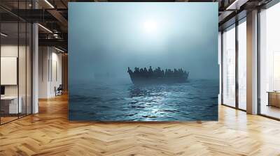 Ethereal scene of refugee boats in a misty sea, evoking hope and struggle, ideal for humanitarian campaigns, education, and advocacy. Offers space for text. Wall mural