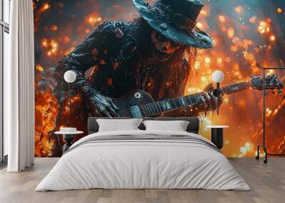 Halloween-themed image of a zombie musician passionately playing guitar, perfect for spooky event promotions, posters, and Halloween parties with copy space. Wall mural