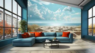 Idyllic sandy beach with lush dunes against vibrant blue sky and tranquil ocean backdrop, perfect for summer travel promotions, relaxation themes, and nature blogs. Wall mural