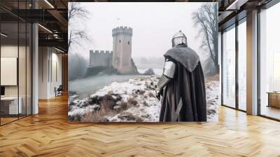 Medieval Knight At Winter Landscape And Looking At Ruined Castle, Made Using Generative Ai Wall mural