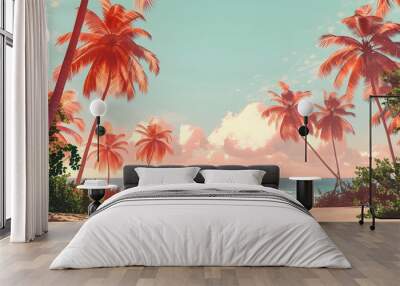 Tranquil tropical beach landscape with palm trees and serene ocean. Ideal for summer vacation themes and travel promotions, includes ample copy space. Wall mural