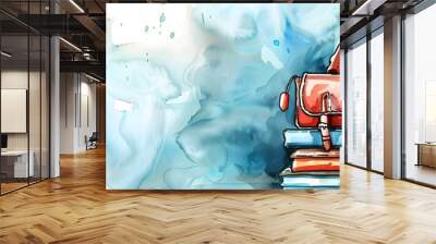 Watercolor illustration of a backpack on top of a stack of books with a background featuring abstract watercolor splashes. Ideal for back to school banners with copy space. Wall mural