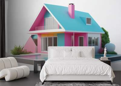 minimal colorful house isolated on white background. cartoon style. 3d rendering Wall mural