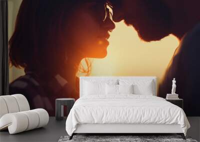 silhouette of couple on sunset beach, beautiful background about love and relationships, man and woman Wall mural