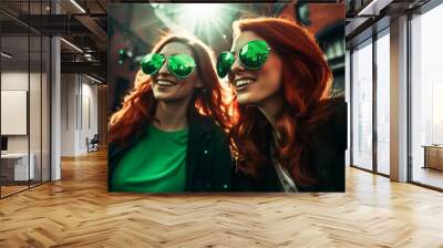 AI Generated Image. Young happy redhead friends wearing green St Patrick leprechaun costume on a city street Wall mural