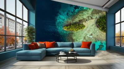 Drone, island and water for travel, adventure and exploring nature from above. Empty, paradise and top view of tropical nature, beauty and scenery in Indonesia for traveling, tourism and vacation Wall mural