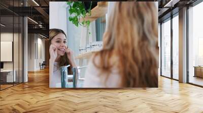 Mirror, dental floss and girl in a bathroom for cleaning, hygiene and oral care in her home. Teeth, flossing and female person in apartment for morning, routine and fresh, breath and mouth treatment Wall mural