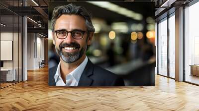 Portrait of attractive and confident business man with beard and glasses, smiling at camera with bokeh lights background - Leadership concept - Copy space Wall mural