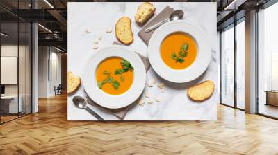 Pumpking soup served with bread top view Wall mural