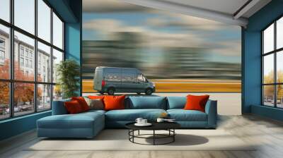 Banner with a cargo van. Driving cargo bus on speed blurred background Wall mural