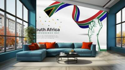 Banner illustration of South Africa independence day celebration with text space. Waving flag and hands clenched. Vector illustration. Wall mural