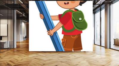 School boy at work with her giant pencil. Vector illustration. Wall mural