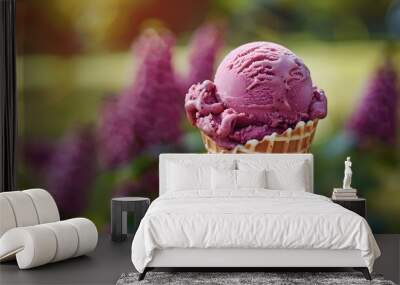 Summer Treat: Close-Up Photo of a Hand Holding Ice Cream in a Waffle Cone Wall mural