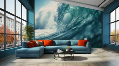 Ocean Wave Closeup Water. Ocean wave closeup detail of upright crashing hollow breaking water. energy power of nature. Wall mural