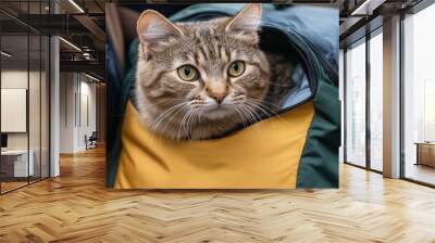 A curious tabby cat peeking out of a backpack, engaging with its surroundings and ready for an outdoor adventure. Wall mural