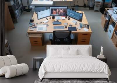 A modern office desk featuring multiple computer screens, documents, and office supplies in a spacious office setting. Wall mural