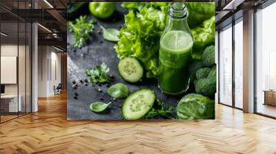 A nutritious green juice bottle with a variety of fresh green vegetables, such as lettuce, cucumber, and broccoli, artfully arranged around it on a dark textured surface. Wall mural