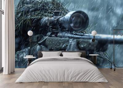 A sniper hidden with camouflage in a downpour, focusing his rifle scope for precision Wall mural