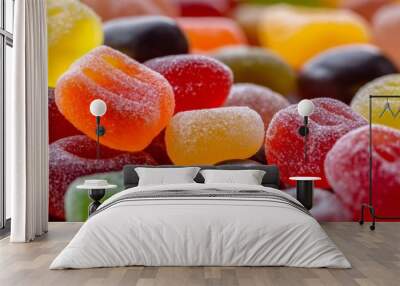 A vibrant collection of gummy candies in various colors and shapes, perfect for a sweet treat and snack lovers. Wall mural