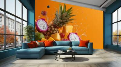 A vibrant collection of various fresh fruits, including dragon fruit and pineapple on an orange background. Wall mural