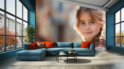 A young girl with braided hair and traditional attire looks confidently at the camera outdoors Wall mural