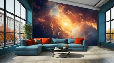 An awe-inspiring scene of cosmic clouds illuminated by a bright, fiery light in the center, invoking the vastness of space Wall mural