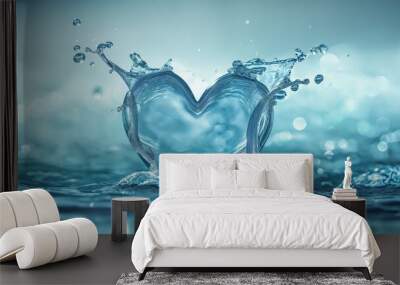 Creative image of a heart-shaped water splash with dynamic motion on a serene blue background, symbolizing love and purity Wall mural