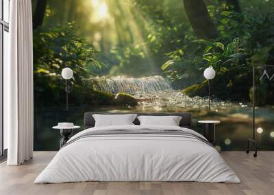 Mystical and serene forest scene with a miniature waterfall and sparkling light reflecting on the water surface Wall mural