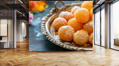 Traditional Indian sweet thaen mittai dusted with sugar on a rustic plate Wall mural