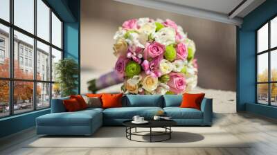 Beautiful wedding bouquet of fresh pink roses bridal flowers Wall mural