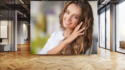 Beautiful woman face happy smiling portrait lifestyle Wall mural