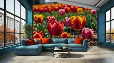 A field of vibrant tulips under a bright spring sky Wall mural